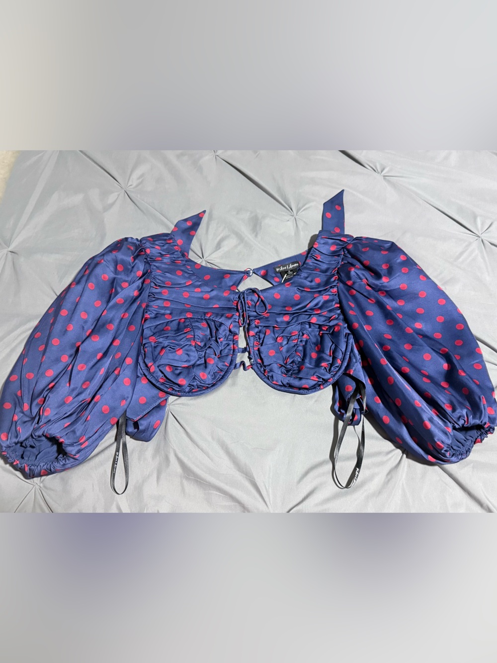 For Love And Lemons Navy Satin Polka-Dot Puff Sleeve Bra Top